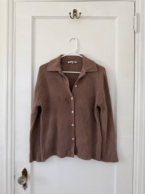Reformation Ribbed Button-Up Collared Cardigan in Dusty Taupe